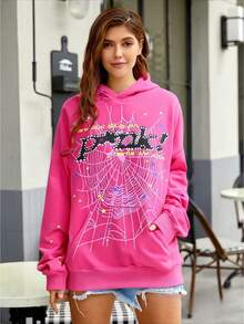 Hoodie Spider Sweater Printed Hoodie Valentine Outfits For Women,Printed On The Back Of The Large Board,Single-Layer Fleece, Casual And Comfortable Velvet Street Wind Long-Sleeved Hooded Sweater, Autumn And Winter Sports Top Hoodies. - Màu Hồng Tươi - Xem 4