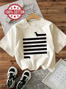 Women's Sausage Dog T-Shirt, Printed Blouse, Aesthetic Style, 100% Cotton - Màu be - Xem 8