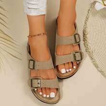 Stylish Women's Arch Support Slip-On Sandals With Double Buckle, Adjustable Straps And Comfortable Cork Footbed For All-Day Wearability. - 淺棕色 - 查看 4