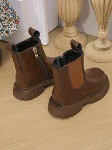 女童新款靴子，黑色和棕色真皮靴，时尚切尔西踝靴，适合小女孩，秋冬季 - 棕色 - 查看 2