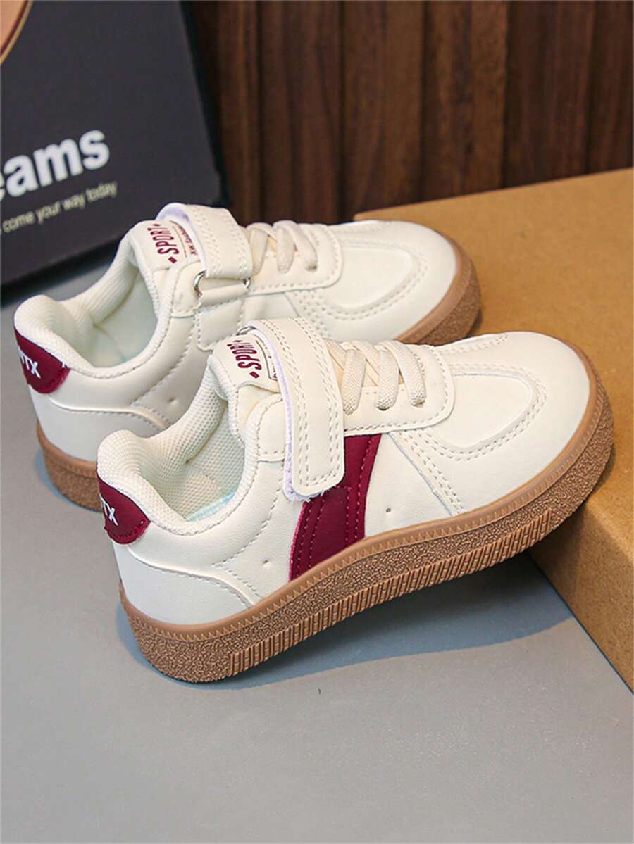 1 Pair White Sneakers With Red Children's Casual Sports Shoes, Leather Upper Breathable Kids Shoes, Comfortable And Fashionable Hook And Loop Closure, Suitable For All Seasons, Spring/Summer New Style Boys/Girls Toddler Shoes