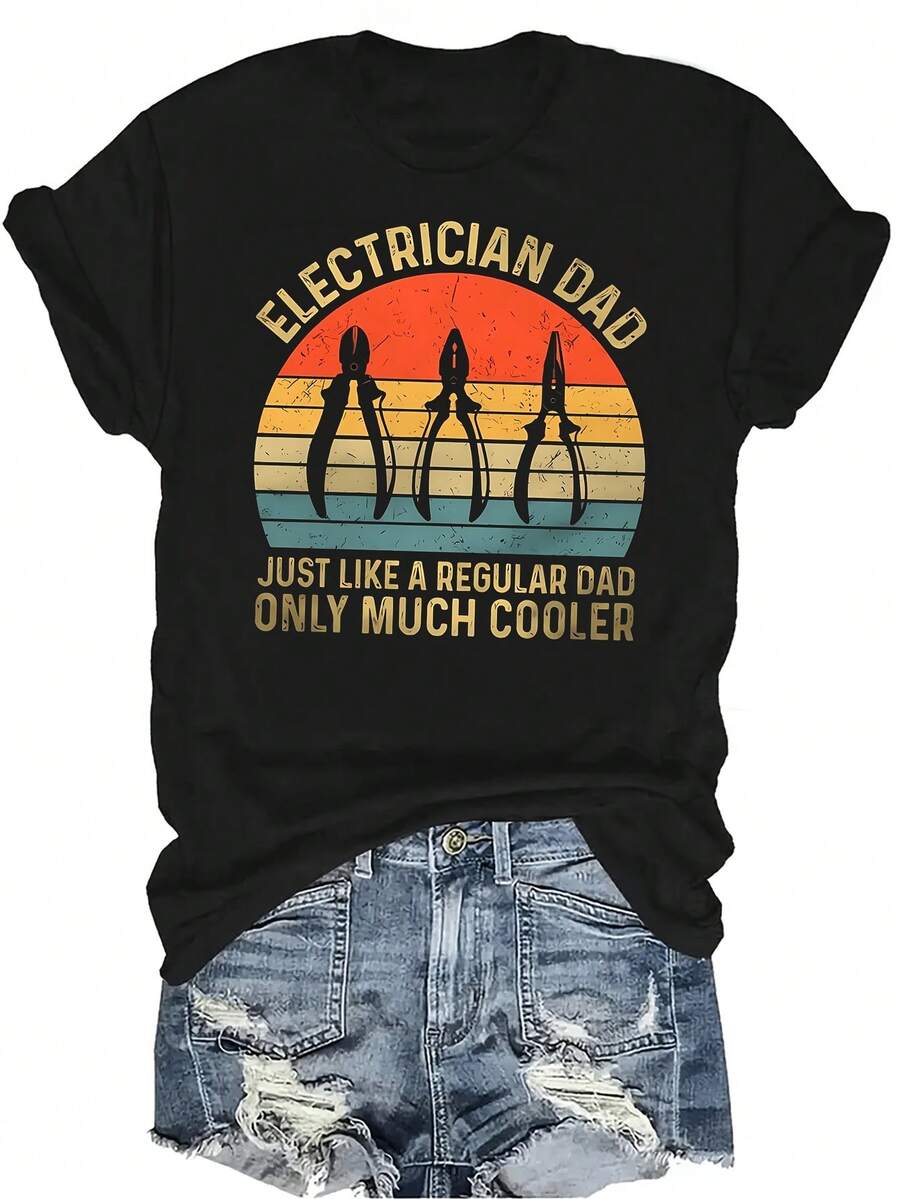 Camiseta de Electricista Papá Unisex de Verano, Casual, Transpirable, de Personalidad, Cuello Redondo, Manga Corta, Ropa de Calle Versátil, Adecuada para Adolescentes y Adultos - Negro - Ver 1