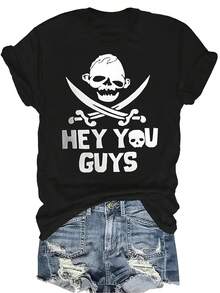 Camiseta "Hey You Guys" para mujer y unisex, de verano, casual, transpirable, con personalidad, cuello redondo, manga corta, ropa de calle, versátil, adecuada para adolescentes y adultos - Negro - Ver 1