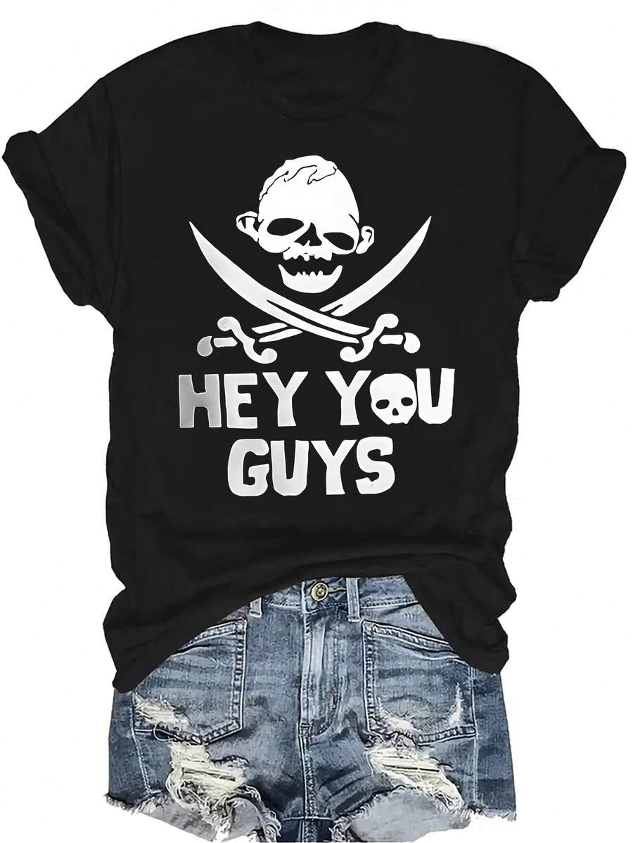 Camiseta "Hey You Guys" para mujer y unisex, de verano, casual, transpirable, con personalidad, cuello redondo, manga corta, ropa de calle, versátil, adecuada para adolescentes y adultos - Negro - Ver 1