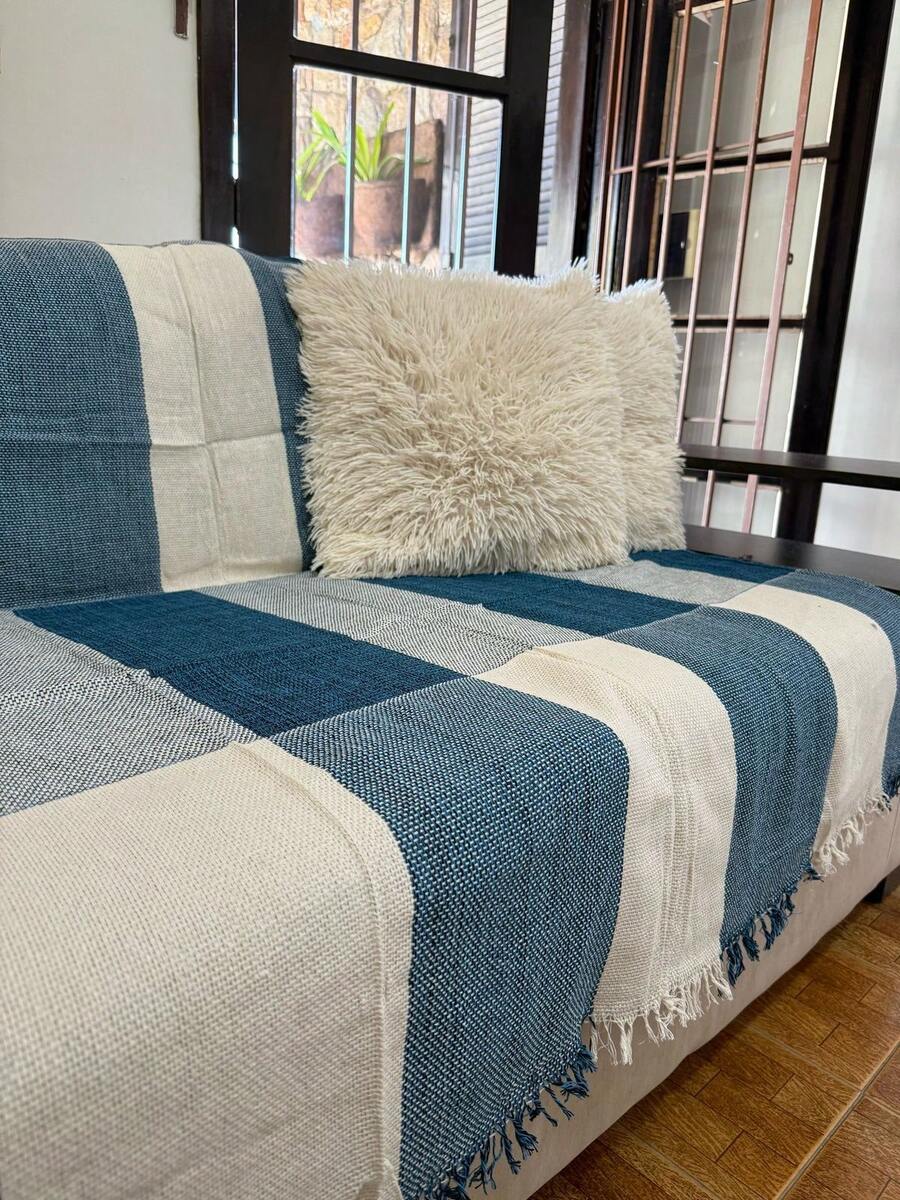 Manta Para Sofá Decoração Sala Elegante Casa Nova Poltrona 2.10x1.20 Promoção Barato - Azul Mesclado C/ Crua - Visão 1