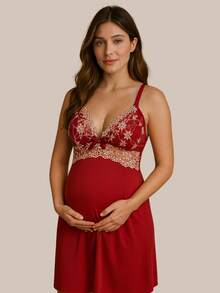 Postpartum And Maternity Nursing Nightgown With No Pads And Two-Tone Lace. - Merah - View 2