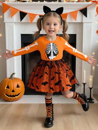 Vestito da ragazza con stampa scheletro, patchwork, orlo in rete a pipistrello, manica lunga, collo rotondo, adatto per vacanze, feste, uso all'aperto, primavera/autunno