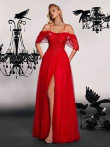 VIPGIRL Luxury Elegant Handmade Embroidered Evening Gown, Slimming Formal Dress - Red - View 6