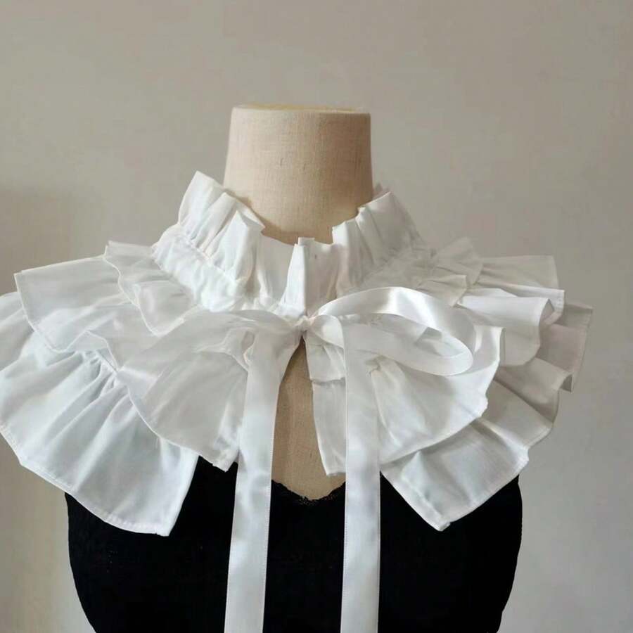 Womens Fake Ruffle Collar False Neck Collar Detachable Solid Color Tie-Up Front Ruched Dickey Collar - White - View 1