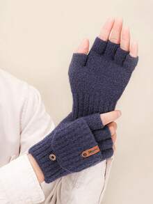 1 par de luvas de inverno, de lã, listradas, de cor sólida, de meio dedo, com aba, para homens e mulheres. Outono