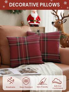 1/2/4pcs Pillow Case Set, Soft Decorative Cushion Cover, Linen Pillowcase, Bedding, Red & Green Plaid Pattern Pillow Covers, Zipper Closure, Suitable For Sofa, Bench, Bedroom, Living Room Decor - Multicolor - View 4