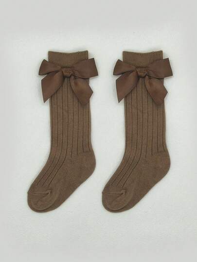 1 双儿童休闲蝴蝶结装饰中筒袜，百搭校园风格