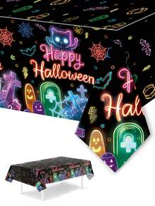 1 pieza Mantel fluorescente de Halloween, Mantel de mesa de Halloween, Mantel desechable de PE de 137*274cm para Halloween, Suministros para fiestas de Halloween, Decoración de Halloween Feliz, Decoración de Halloween Trick or Treat, Decoración de Halloween para exteriores, Decoración de Halloween para la cocina, Decoración del comedor, Decoración del hogar, Recuerdos de fiesta