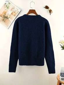 Women's Round Neck Long Sleeve Cardigan, Decorated With Colorful Buttons, Made Of Polyester Fabric, Medium Stretch, Regular Length - Navy Blue - View 3