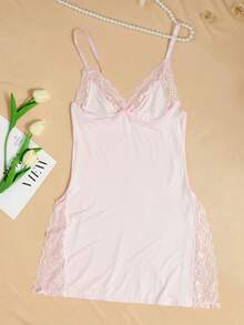 1pc Sexy Lace Trim Milk Silk Nightgown For Going Out - Pink - View 5