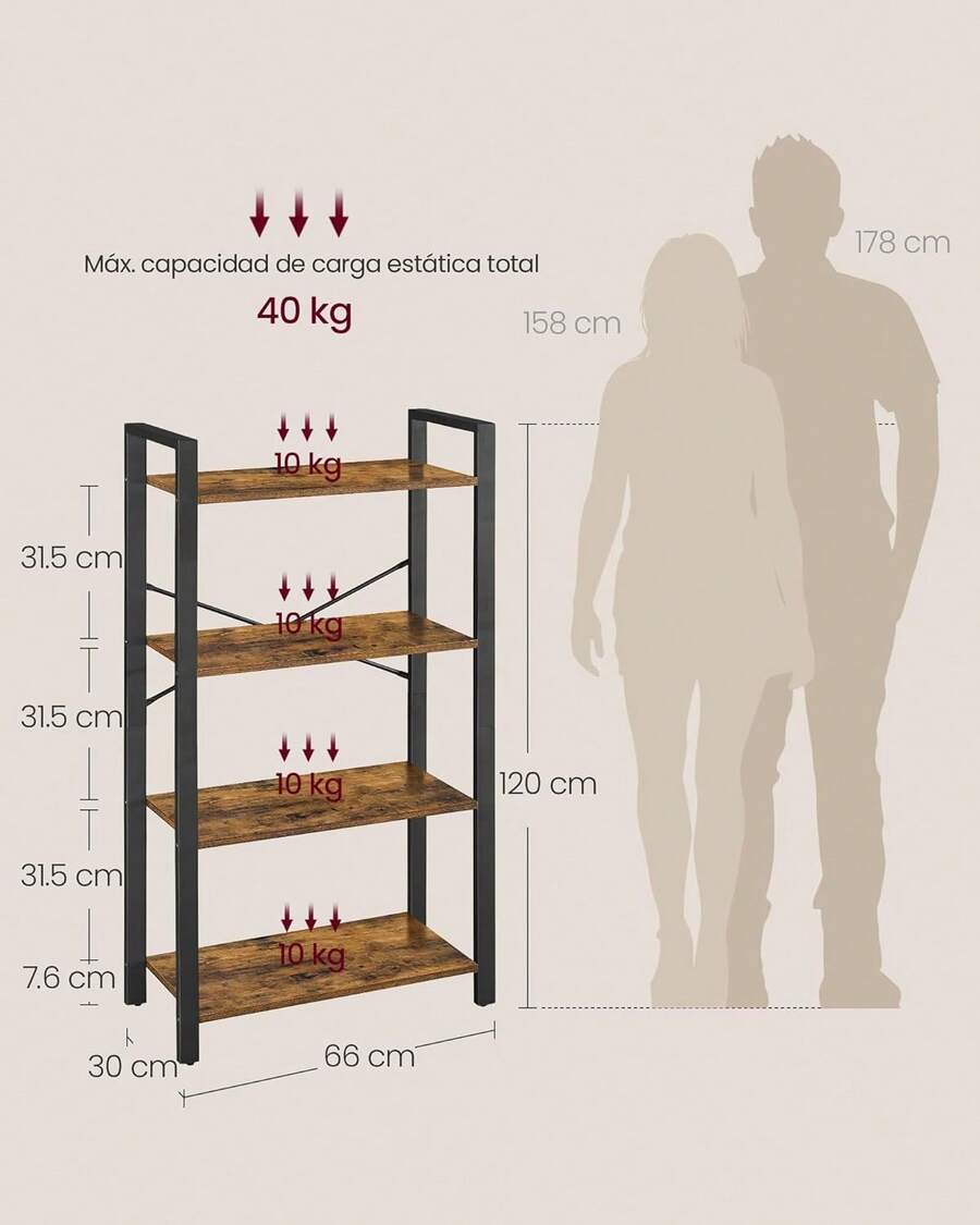 VASAGLE Librería de 4 Niveles, Biblioteca, Estantería para Oficina, Salón, Dormitorio, 30 x 66 x 120, Marrón Rústico y Negro Tinta MLLS60BXV1 5XLN - Greige Mélange + Negro Tinta - Ver 1