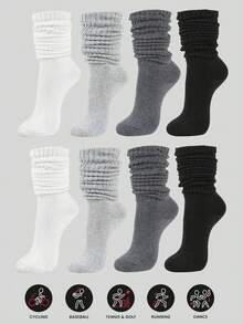 4 Pairs Women's Fall Autumn Winter Slouch Knit Socks, Slouchy Socks, Women's Scrunch Socks, Women's Scrunchie Socks, Crew Socks Soft, Comfortable, Warm & Breathable, Fashionable Black, White, Dark, And Light Gray Series Perfect Gifts For Hiking, Back To School, Halloween & Christmas Xmas Gift