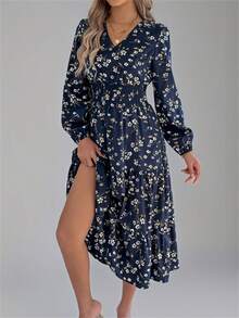 Spring/Autumn Shirred Drawstring Waist Ditsy Floral Ruffle Hem Casual Vacation Mid-Length Dress - Navy Blue - View 4