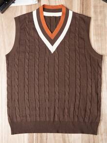 男士学院风拼接麻花针织V领毛衣背心，秋冬款 - 棕色 - 查看 4