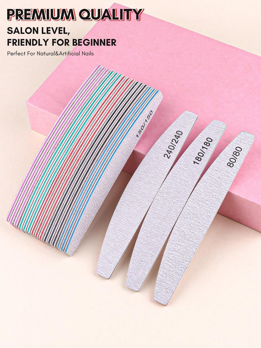 3片/5片/10片/25片装专业月牙形指甲锉，指甲修型器，抛光指甲护理工具，双面砂纸指甲锉条，指甲磨刀器 - 淺灰色 - 查看 1