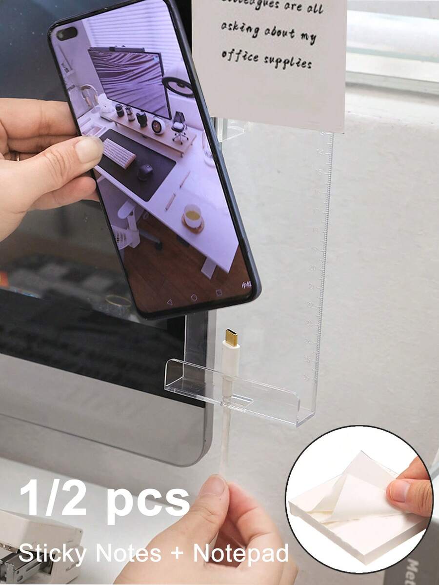 [Modern Desk Notepad] Multifunctional Desk Notepad With Side Clips And Scale, Modern Desk Accessory, Computer Screen And Phone Holder, Office Supplies - White, Notepads, Schedule Reminders - Multicolor - View 1