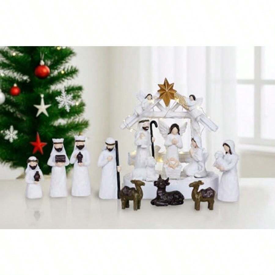 MChristmas Nativity Figurine Decorations 14Pcs Modern White Holy Family Manger Scene Tabletop Nativity Set Centerpieces Figurines For Christmas Indoor Decor Xmas Religious Holiday Collection Gifts10 - 如圖 - 查看 1