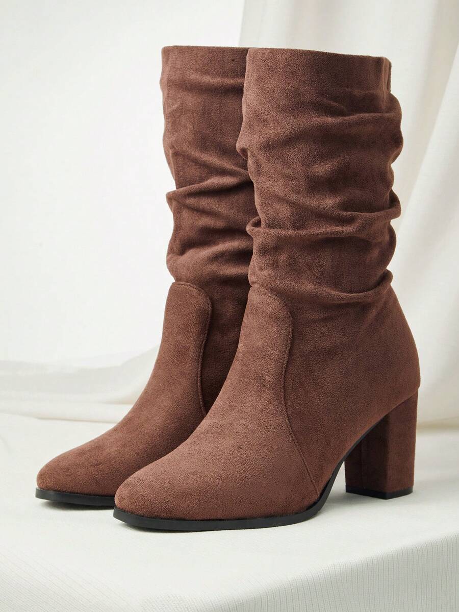 女士褶皱粗跟踝靴，法式高端方头弹力切尔西靴，2024秋冬款，尺码略偏大，圣诞节/冬季圣诞礼物 - 咖啡棕 - 查看 1