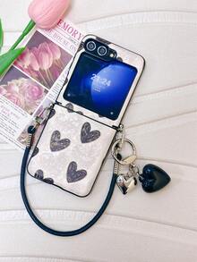 豪华全屏心形手机壳，配有心形吊坠皮革表带，适用于三星