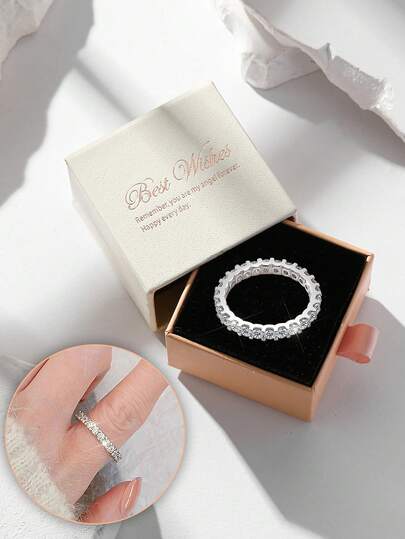 礼盒装方晶锆石戒指，百搭闪亮女士订婚珠宝，适合情人节礼物