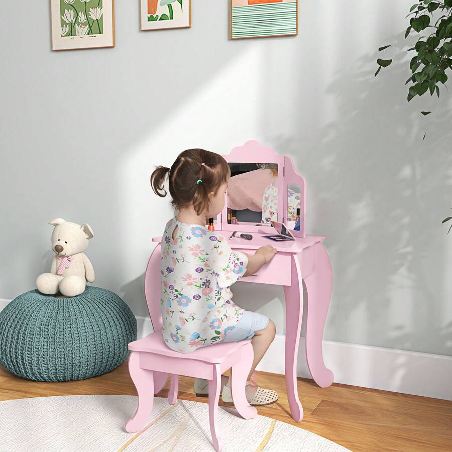 HOMCOM Kids Vanity Table And Chair Set, Girls Vanity Set With Tri-Folding Mirror And Stool, Makeup Dressing Table With Drawer, Pink - Pink - View 1