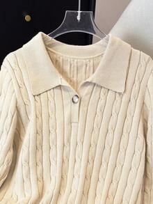 Women's Solid Color Elegant Polo Neck Long Sleeve Cable Knit Loose Casual Sweater Top, Autumn/Winter - Apricot - View 8