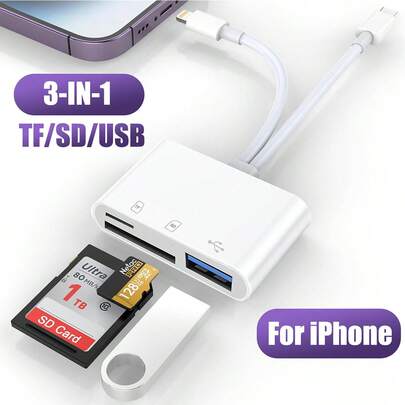 1 pieza Lector de tarjeta SD con puertos Lightning y USB-C, compatible con tarjetas SD/TF/USB, adecuado para iPhone 16/15/14/13/12/11, S24/S23/S22/S21/S20 Ultra Plus, serie de cámaras
