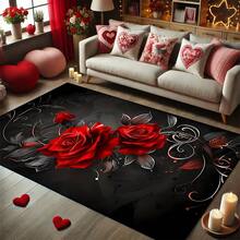 1pc Large Red Area - Elegant Floral With Dark Background, Non-Slip Backing Living Room, Bedroom, Valentine'S Day Decor - Indoor/Outdoor Floor Home, Hotel, Dining Room - Easy-Clean Polyester, Home Decor, Design - 黑色 - 查看 5