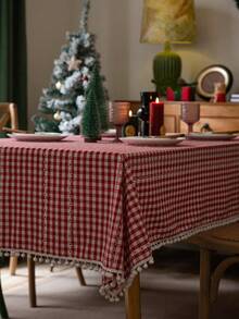 1pc European & American Style Christmas Red Plaid Floral & Pom Pom Print Elegant Rectangular Tablecloth, Suitable For Daily, Holidays, Family Gatherings, Birthday Parties, Dinner Parties, Dining Table Decor, Photography Background - Red - View 1