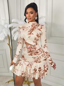 AIJ Vestido mini elegante y sexy con estampado floral y diseño calado para mujeres, ideal para vacaciones de primavera - Flores marrones con base de albaricoque - Ver 7