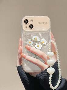 Shell Pattern Glitter Card + Heart Bracelet + Makeup Mirror + Floral TPU Phone Case Compatible With IPhone 11/12/13/14/14/15/15Pro/15Promax