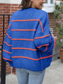 Womens Striped Cardigan Sweaters Casual Open Front Long Sleeve Button Down Knit Outwear - 藍色 - 查看 2