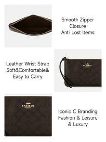 Coach Large Corner Zip Wristlet Purse Cell Phone Wallet Bag for Women Evening Wristlet Clutch Purse Leather Handbag with Wrist Strap,CZ277 IMXAQ - 胡桃木色拼黑色 - 查看 4