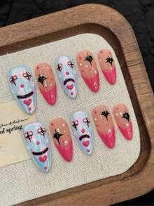 10pcs Medium Nails Almond Nails Fun Clowns Multicolor Nails Handmade Nails For Everyday And Holiday Wear, Reusable Press On Nails, Holiday Nail Pieces For Women And Girls To Wear Back To School, Press On Nails