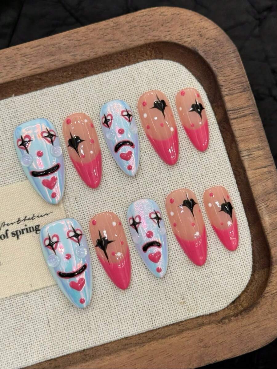 10pcs Medium Nails Almond Nails Fun Clowns Multicolor Nails Handmade Nails For Everyday And Holiday Wear, Reusable Press On Nails, Holiday Nail Pieces For Women And Girls To Wear Back To School, Press On Nails