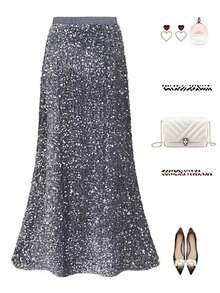 天鹅绒亮片美人鱼裙，女式修身亮片长裙，秋冬 - 灰色 - 查看 1