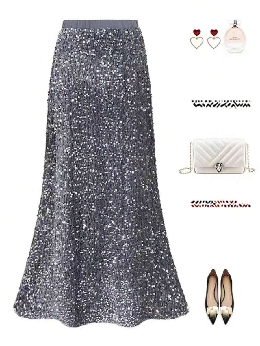 天鹅绒亮片美人鱼裙，女式修身亮片长裙，秋冬 - 灰色 - 查看 1