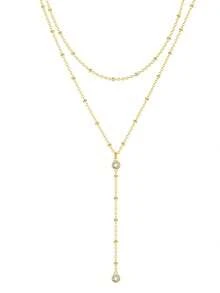 1pc European And American Style Y-Shaped Double-Layered Women Necklace With Rhinestone, Long Tassel Sweater Chain, Unique Lip Chain For Collarbone - Gold - View 4