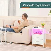 Mesita de noche con estación de carga, mesita de noche LED con 2 cajones de tela y estante de almacenamiento para dormitorio, mesita de noche con puerto USB y enchufe, adecuada para sala de estar / dormitorio - Blanco - Ver 11