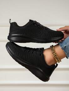 Women's Casual Sports Shoes, Mesh Breathable Running Shoes, Lightweight Travel Shoes, Student Running Shoes, Flat Casual Shoes, Comfortable Loose Fit Sports Shoes, Fashion Sneakers, Knitted Mesh Breathable, Solid Color Office Shoes