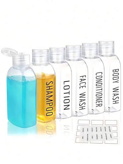 زجاجات سفر محكمة الإغلاق مع أغطية بلاستيكية شفافة - حاويات قابلة لإعادة الاستخدام للشامبو والبلسم وغسول الجسم ومنتجات العناية الشخصية الأخرى - أدوات سفر أساسية بتصميم محمول وآمن لتخزين السوائل | تصميم محكم ضد التسرب | زجاجات العناية الشخصية بحجم السفر، زجاجات التوزيع بحجم السفر، زجاجات ضغط، أكياس تخزين السفر للشامبو والبلسم والمستحضرات التجميلية.