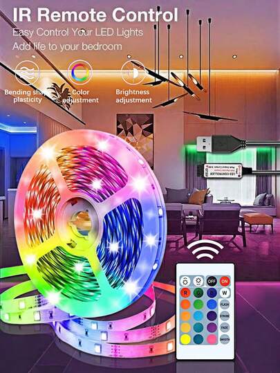 Fita de LED de 1 unidade, alimentada por USB, controle remoto de 24 teclas, adequada para iluminação de fundo de TV/computador, efeitos de iluminação multicoloridos, regulável, aplicável para decoração de casa, festas, comemorações, Natal e muito mais