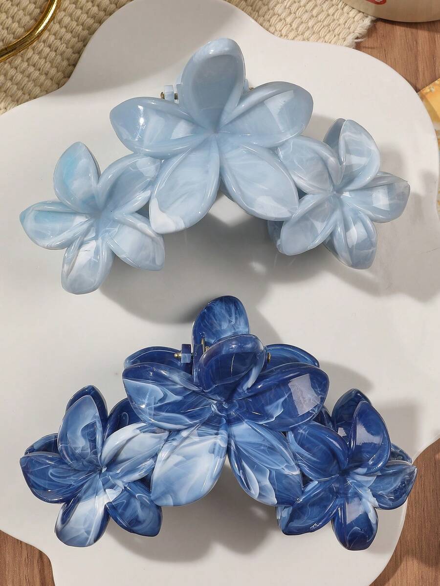 2个ABS材质蓝灰色大理石纹理雏菊花朵交错大号发爪夹，波西米亚海滩风秋季时尚女士发夹，优雅发饰，适合冬季度假装扮，夏季度假发夹