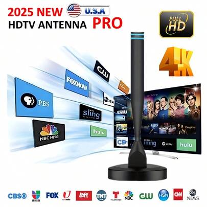 2025 New PRO HDTV Antenna, 6000 Mile HD Signal Reception, 4K1080 Support, Indoor/Outdoor, Universal Smart TV Compatibility, 360° Signal Boost, No Battery Required, Easy Installation With Adapter, PC Material, Urban/Rural Use