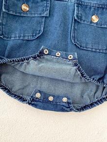 Ins Autumn Baby Clothes, Unisex Baby Denim Romper, Hooded Double Pocket Long Sleeve Triangular Crotch Jumpsuit - Blue - View 7